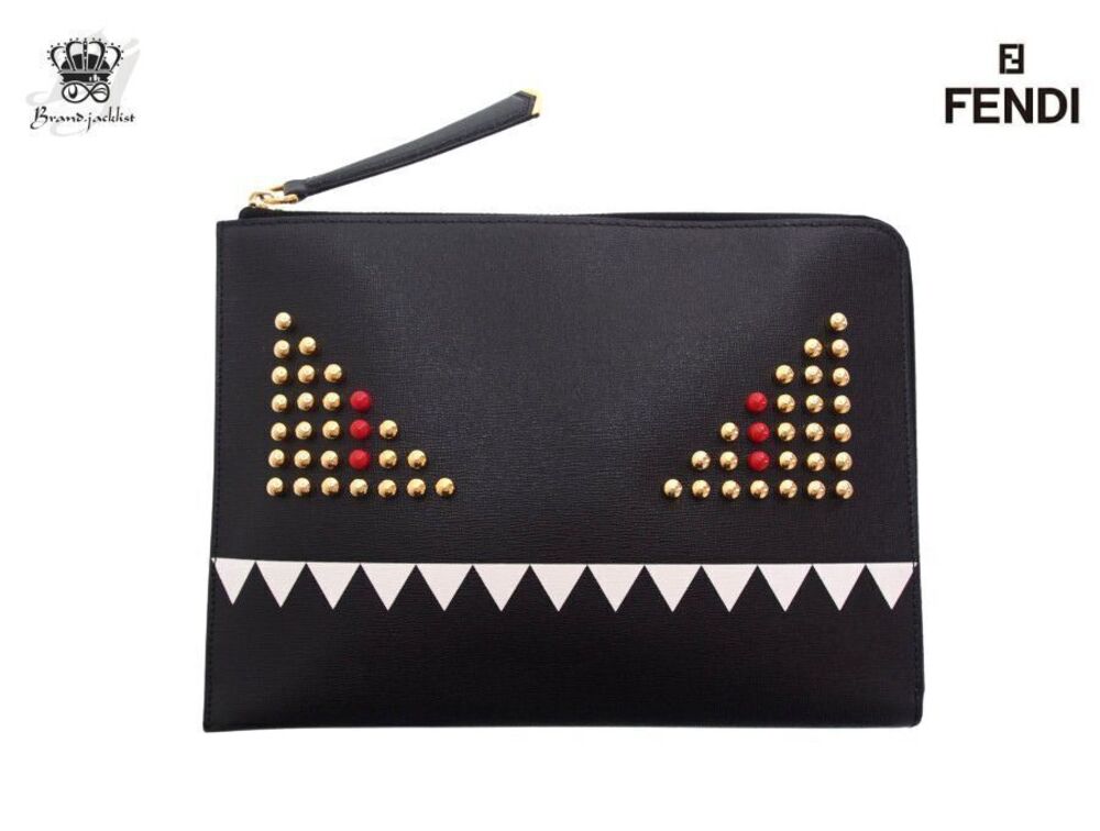 Fendi Monster Clutch Bag Studded L shaped Zip Strap Black